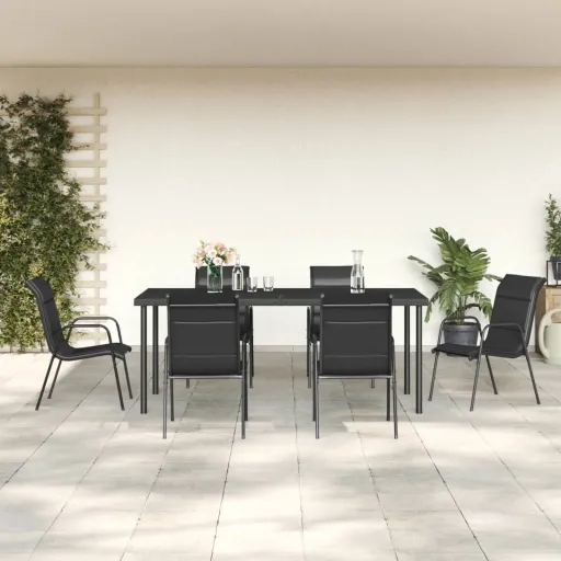 Conjunto de Jantar para Jardim Aço e Textilene Preto (7 pcs)
