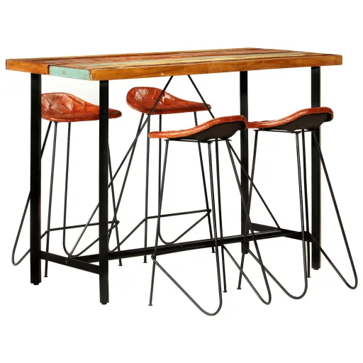 Conjunto de Bar Madeira Recuperada Maciça e Couro Genuíno (5 pcs)