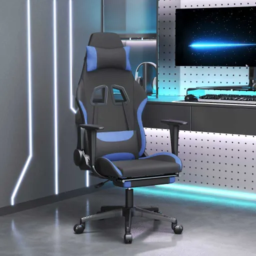 Cadeira de Gaming com Apoio de Pés Tecido Preto e Azul