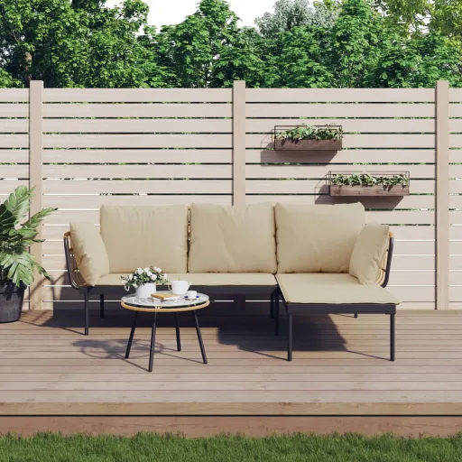 Conjunto Lounge de Jardim c/ Almofadões Beges Vime PE (3 pcs)