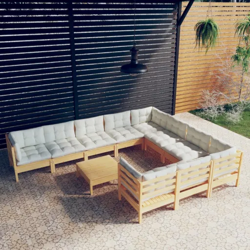 Conjunto Lounge de Jardim c/ Almofadões Cor Creme Pinho (11 pcs)