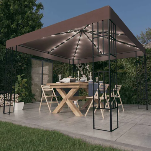 Gazebo com Cordões de Luzes LED 3x3 m Cinza-Acastanhado