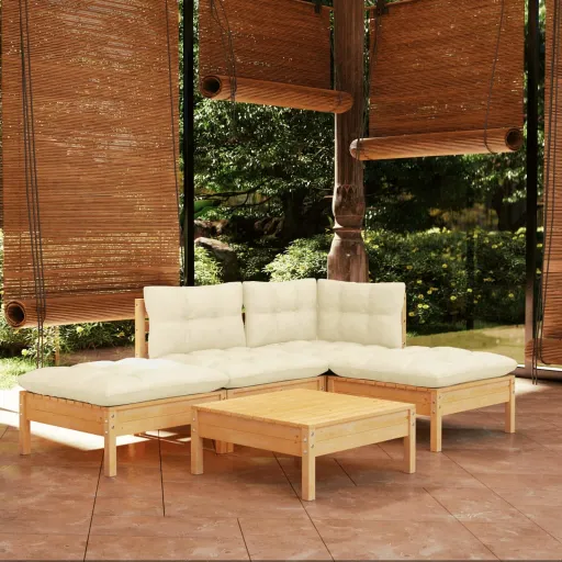 Conjunto Lounge Jardim c/ Almofadões Cor Creme Pinho (5 pcs)