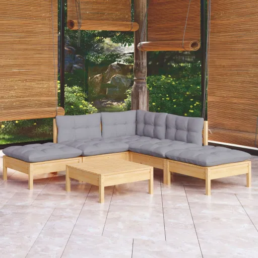 Conjunto Lounge de Jardim c/ Almofadões Cinza Pinho (6 pcs)