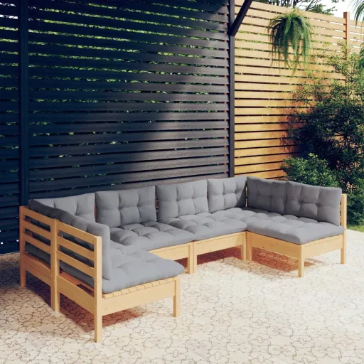 Conjunto Lounge de Jardim + Almofadões Cinza Pinho Maciço (6 pcs)