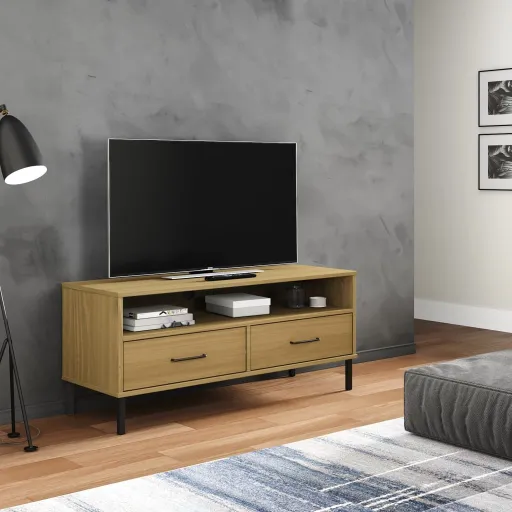 Móvel de TV c/ Pernas de Metal Pinho Maciço OSLO Castanho