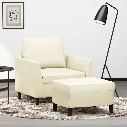 Poltrona com Apoio de Pés Couro Artificial 60 cm Cor Creme
