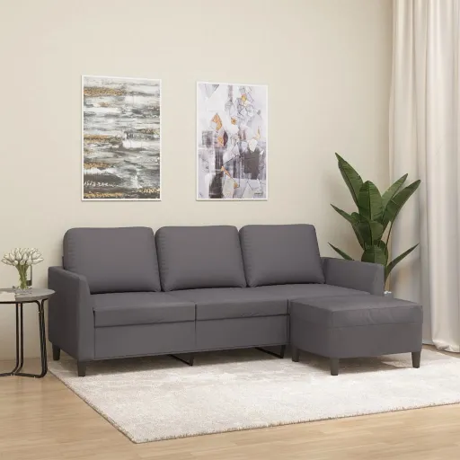 Sofá de 3 Lugares c/ Apoio de Pés 180 cm Couro Artificial Cinza