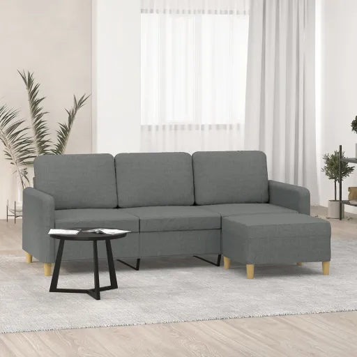 Sofá de 3 Lugares com Apoio de Pés 180 cm Tecido Cinza-Escuro