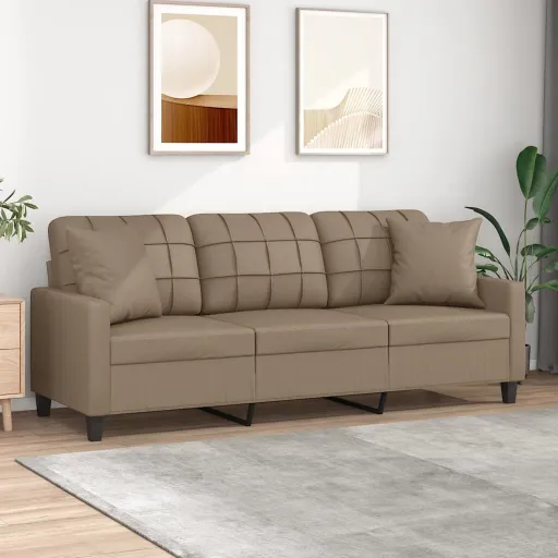 Sofá 3 Lug. c/ Almofadas 180 cm Couro Artif. Cappuccino