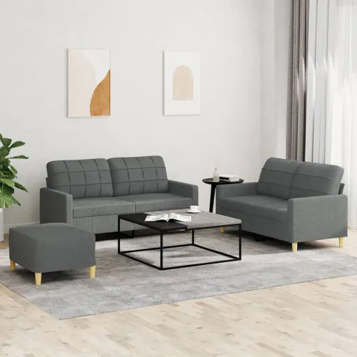 Conjunto de Sofás com Almofadões Tecido Cinzento-Escuro (3 pcs)