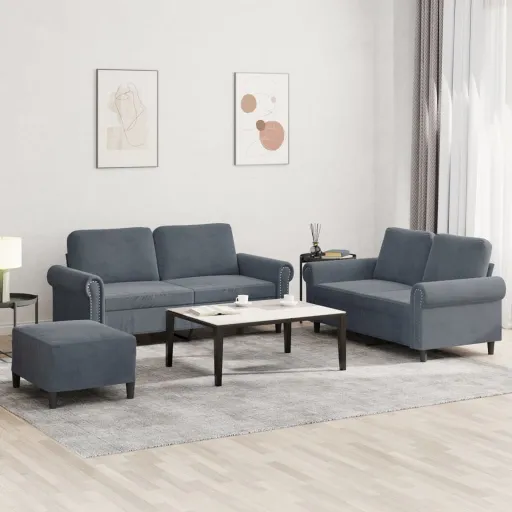 Conjunto de Sofás com Almofadões Veludo Cinzento-Escuro (3 pcs)
