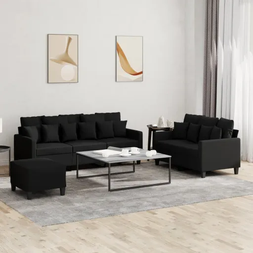 Conjunto de Sofás com Almofadões Tecido Preto (3 pcs)