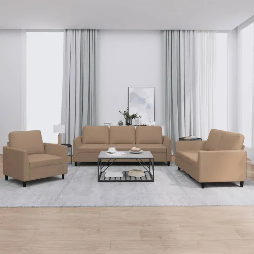 Conjunto Sofás c/ Almofadões Couro Artificial Cappuccino (3 pcs)