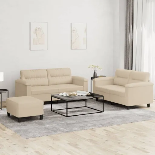 Conj. Sofás c/ Almofadões Tecido de Microfibra Cor Creme (3 pcs)