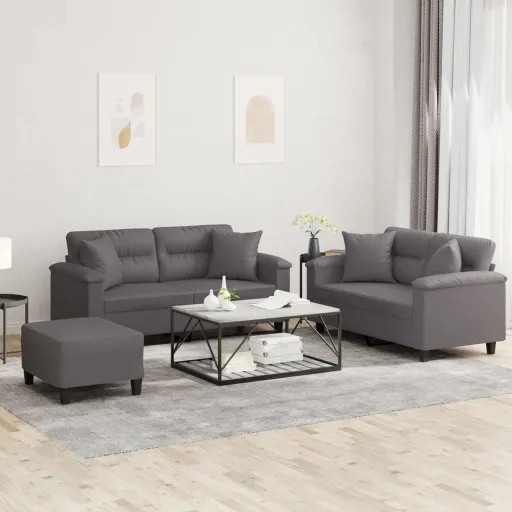 Conjunto de Sofás com Almofadas Couro Artificial Cinzento (3 pcs)