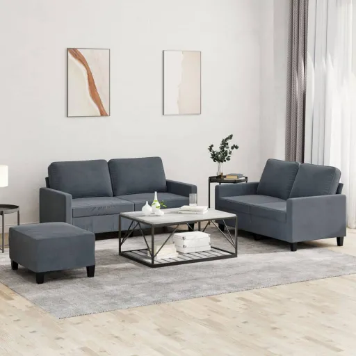Conjunto de Sofás com Almofadões Veludo Cinzento-Escuro (3 pcs)
