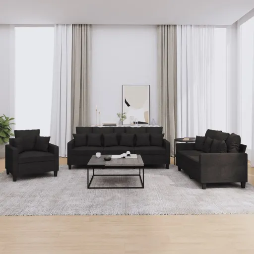 Conjunto de Sofás com Almofadas Tecido Preto (3 pcs)
