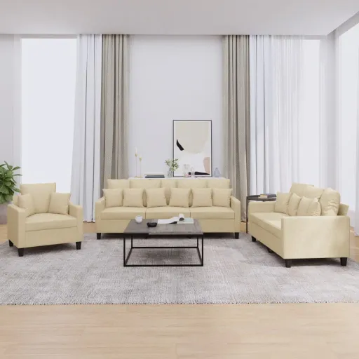 Conjunto de Sofás com Almofadas Tecido Cor Creme (3 pcs)