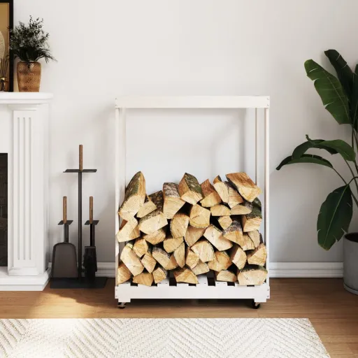 Suporte de Lenha c/ Rodas 76,5x40x108 cm Pinho Maciço Branco