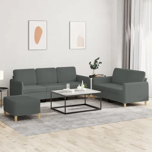 Conjunto de Sofás com Almofadões Tecido Cinzento-Escuro (3 pcs)
