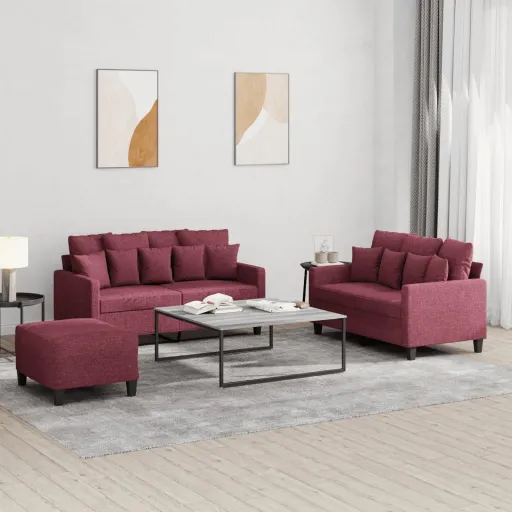 Conjunto de Sofás com Almofadões Tecido Vermelho Tinto (3 pcs)