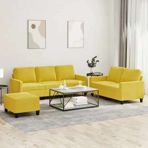 Conjunto de Sofás com Almofadões Veludo Amarelo (3 pcs)