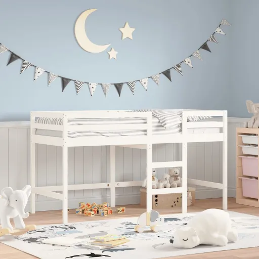 Cama Alta p/ Criança c/ Escada 90x190 cm Pinho Maciço Branco