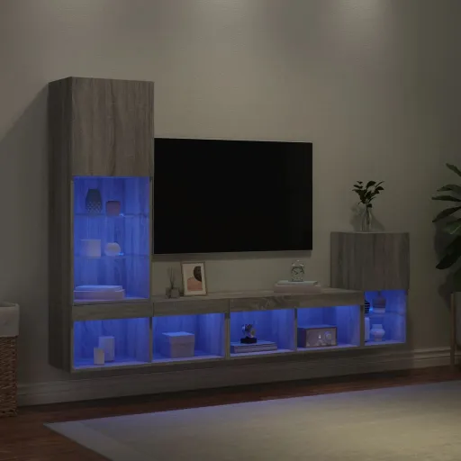 Móveis Parede p/ TV c/ LEDs Deriv. Madeira Cinza Sonoma (4 pcs)