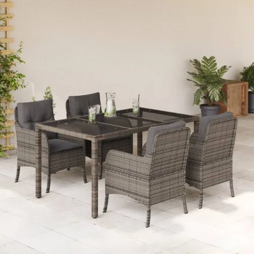 Conjunto de Jantar p/ Jardim c/ Almofadões Vime PE Cinza (5 pcs)