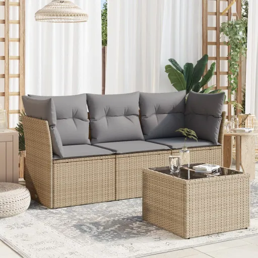 Conjunto de Sofás para Jardim c/ Almofadões Vime PE Bege (4 pcs)