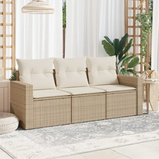 Conjunto de Sofás p/ Jardim com Almofadões Vime PE Bege (3 pcs)