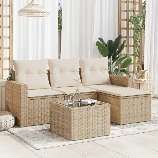 Conjunto de Sofás p/ Jardim com Almofadões Vime PE Bege (5 pcs)