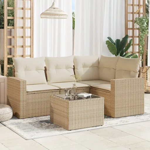 Conjunto de Sofás p/ Jardim com Almofadões Vime PE Bege (5 pcs)