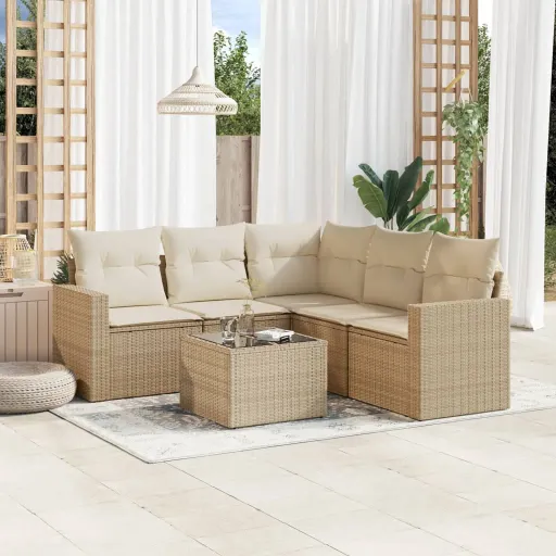 Conjunto de Sofás p/ Jardim com Almofadões Vime PE Bege (6 pcs)