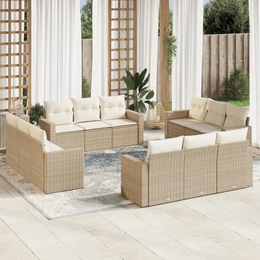 Conjunto de Sofás p/ Jardim com Almofadões Vime PE Bege (12 pcs)