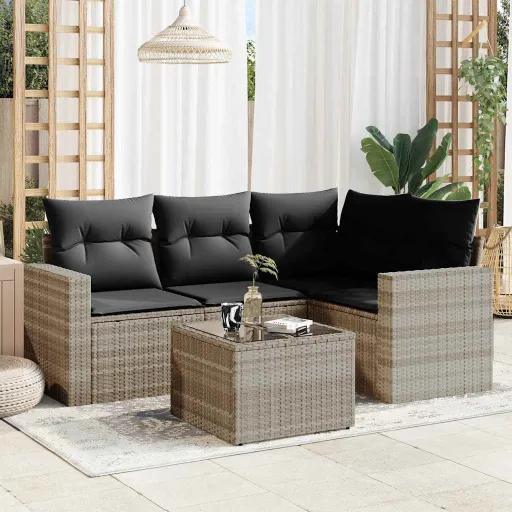 Conj. Sofás Jardim c/ Almofadões Vime PE Cinzento-Claro (5 pcs)