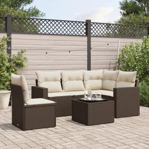 Conjunto de Sofás Jardim c/ Almofadões Vime PE Castanho (6 pcs)