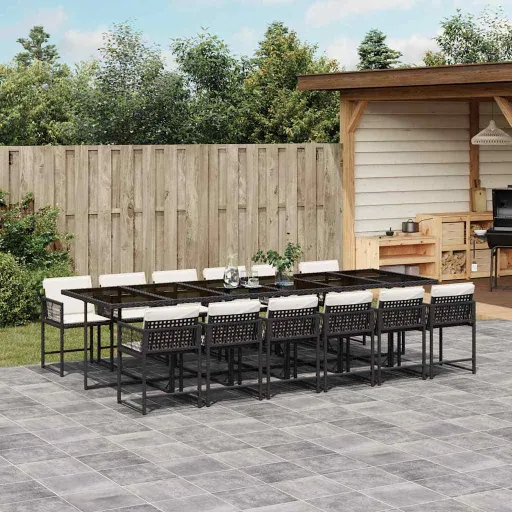Conjunto de Jantar p/Jardim com Almofadões Vime PE Preto (13 pcs)