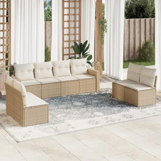 Conjunto de Sofás p/ Jardim com Almofadões Vime PE Bege (8 pcs)