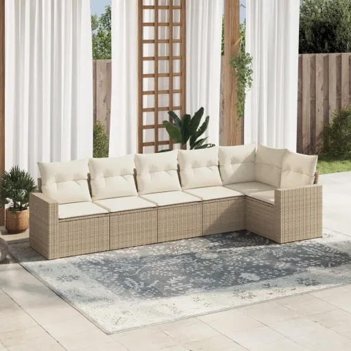 Conjunto de Sofás p/ Jardim com Almofadões Vime PE Bege (6 pcs)