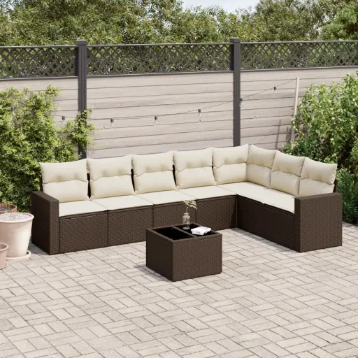 Conjunto Sofás de Jardim c/ Almofadões Vime PE Castanho (8 pcs)