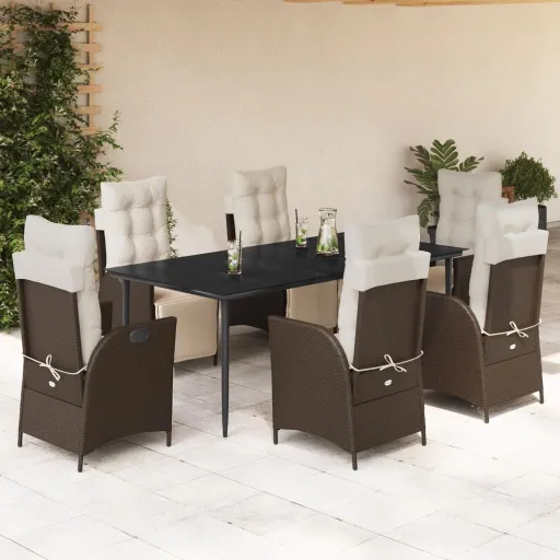 Conjunto Jantar p/ Jardim c/ Almofadões Vime PE Castanho (7 pcs)