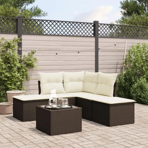 Conjunto de Sofás Jardim c/ Almofadões Vime PE Castanho (6 pcs)