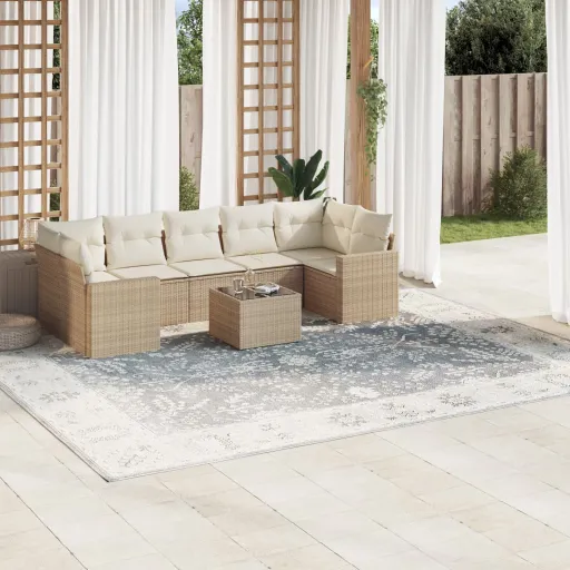 Conjunto de Sofás p/ Jardim com Almofadões Vime PE Bege (8 pcs)