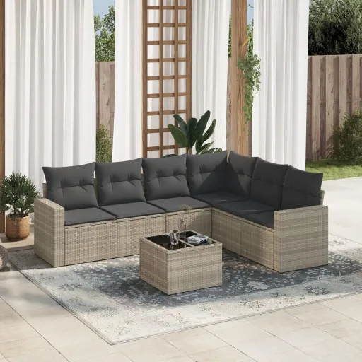 Conj. Sofás Jardim com Almofadões Vime PE Cinzento-Claro (7 pcs)