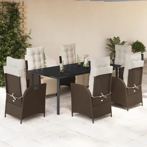 Conjunto Jantar p/ Jardim c/ Almofadões Vime PE Castanho (7 pcs)