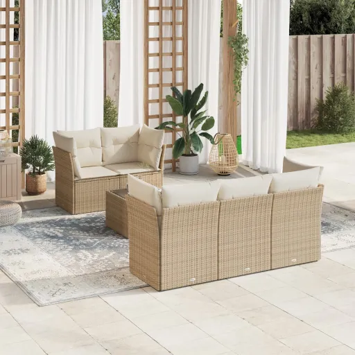 Conjunto de Sofás p/ Jardim com Almofadões Vime PE Bege (6 pcs)