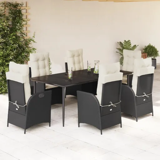 Conjunto de Jantar p/ Jardim c/ Almofadões Vime PE Preto (7 pcs)