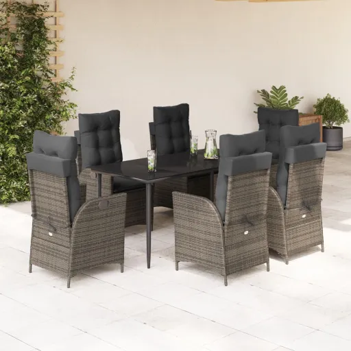 Conjunto de Jantar p/ Jardim c/ Almofadões Vime PE Cinza (7 pcs)